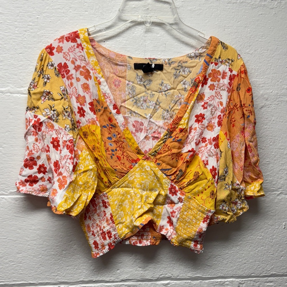 Forever 21 Yellow Orange Red Floral Patchwork Crop Top